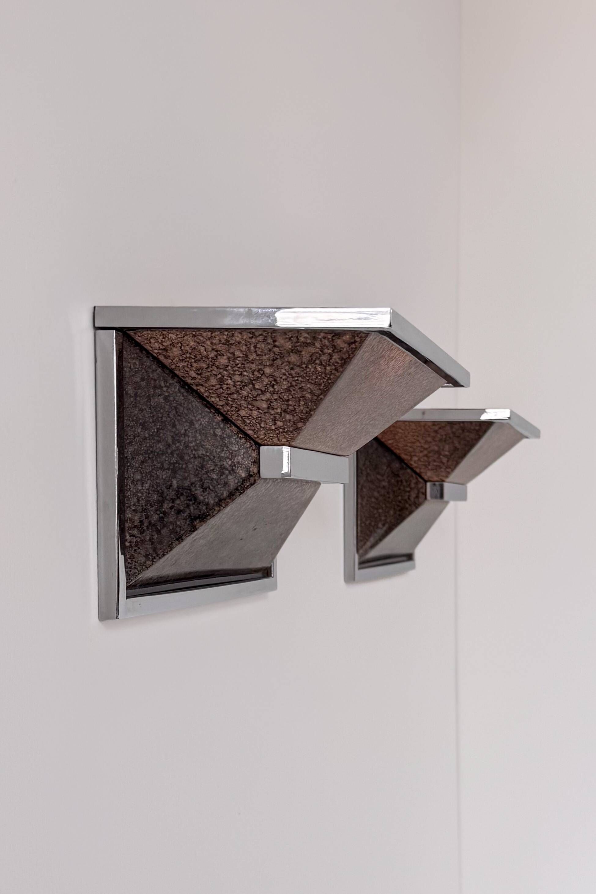 Pair of vintage wall lights, chrome and enamelled metal, France 1970.