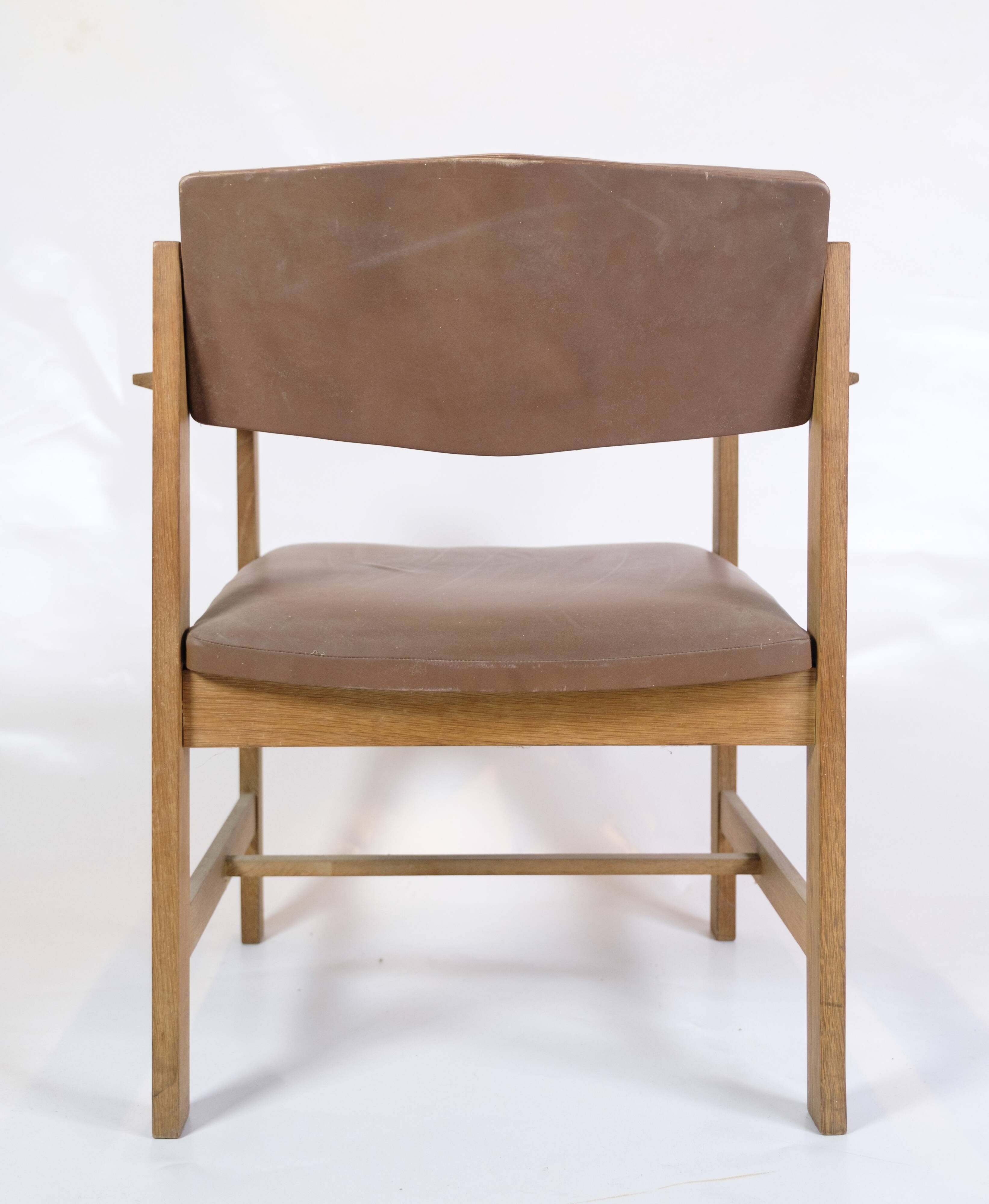 Office Chair Made In Oak & Brown Leather Seat From 1970s