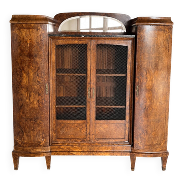 Art Deco display cabinet in burl wood, marble, mirror, and mother-of-pearl decoration.
