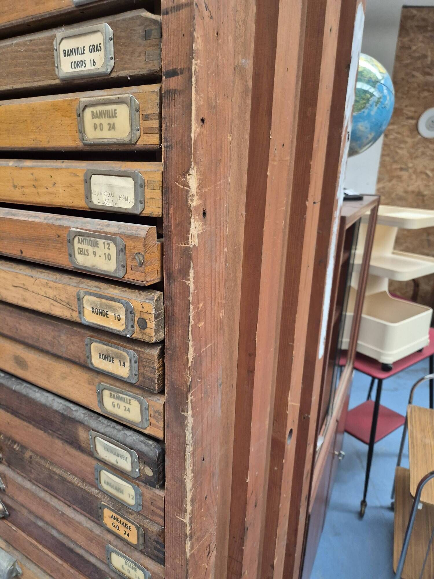 Wooden printing cabinet 36 drawers with typographic letters