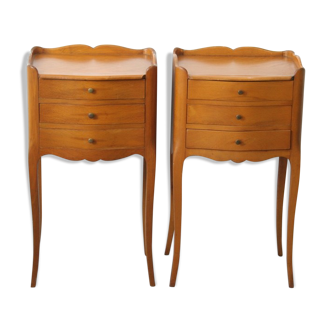 Pair of cherry bedside tables with 3 Louis XV style drawers