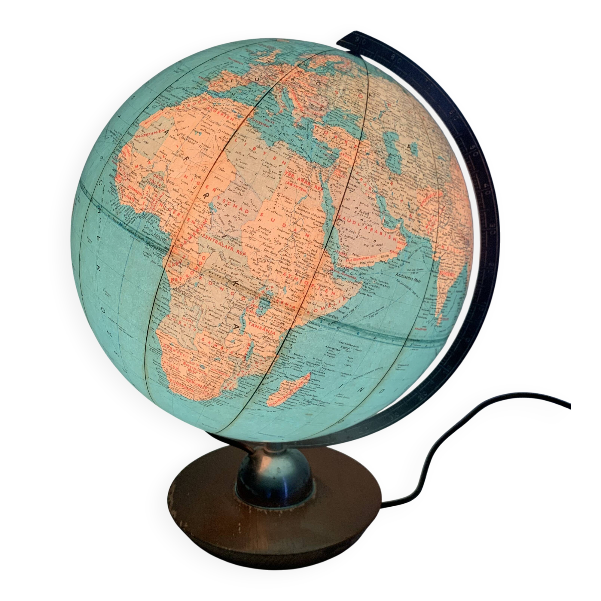 Vintage 1960 terrestrial globe JRO Verlag wood PVC world map - 43 cm