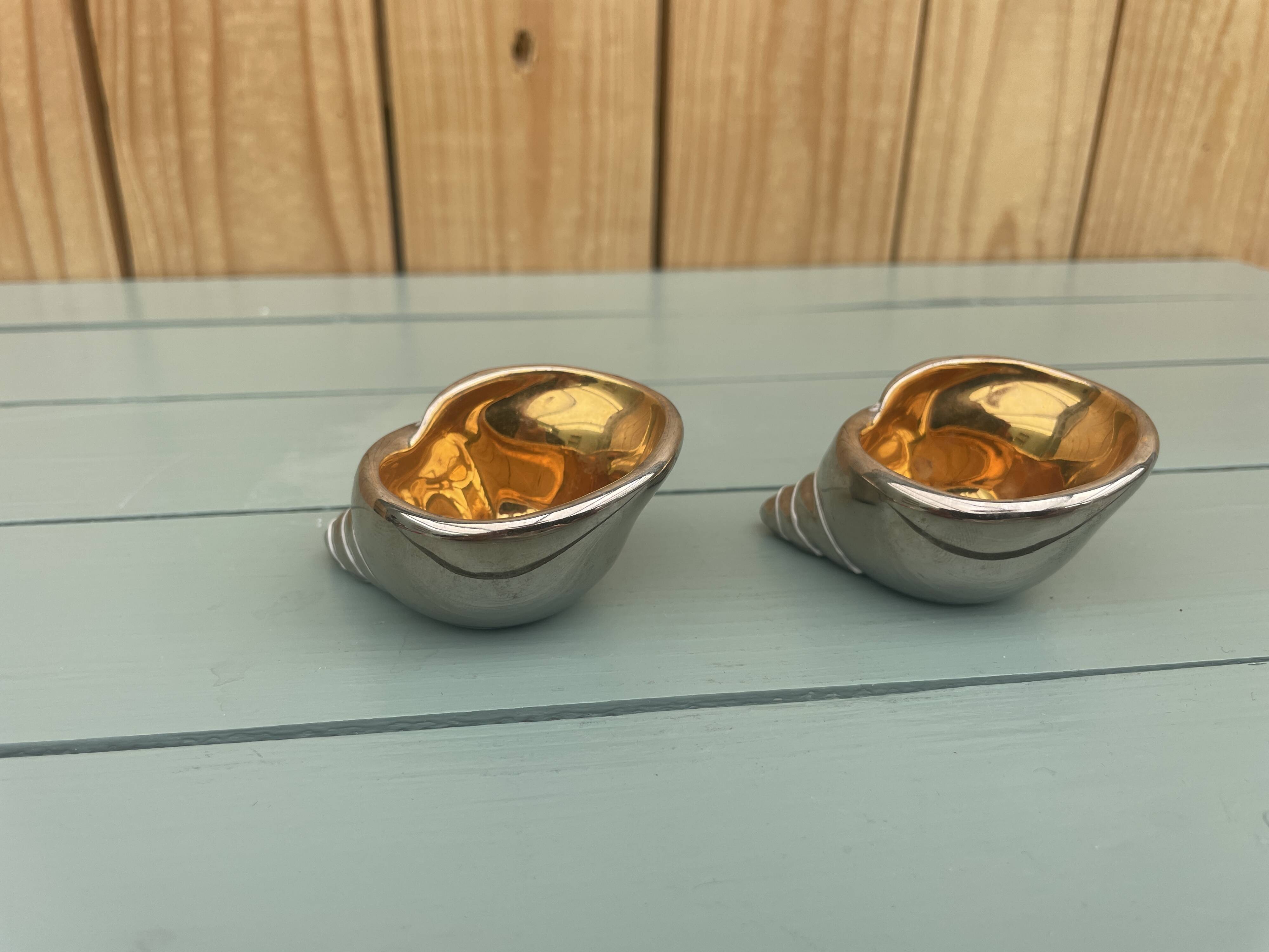 vintage earthenware salt cellars shell decor + golden spoons in box