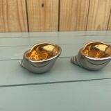 salerons vintage faïence décor coquillage + cuillères dorées en coffret