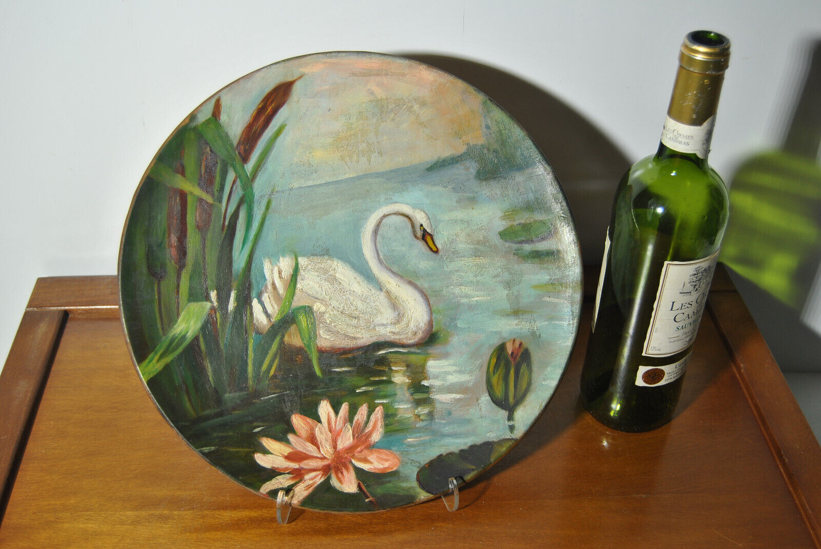 Set of 3 dishes 19th century terracotta painting 1895 boat lily lily swan