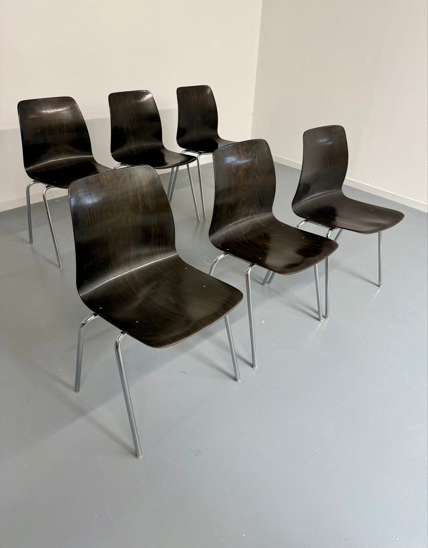 Set of 6 wooden and chrome chairs, Pagholz design from the 80s, vintage Pagwood.