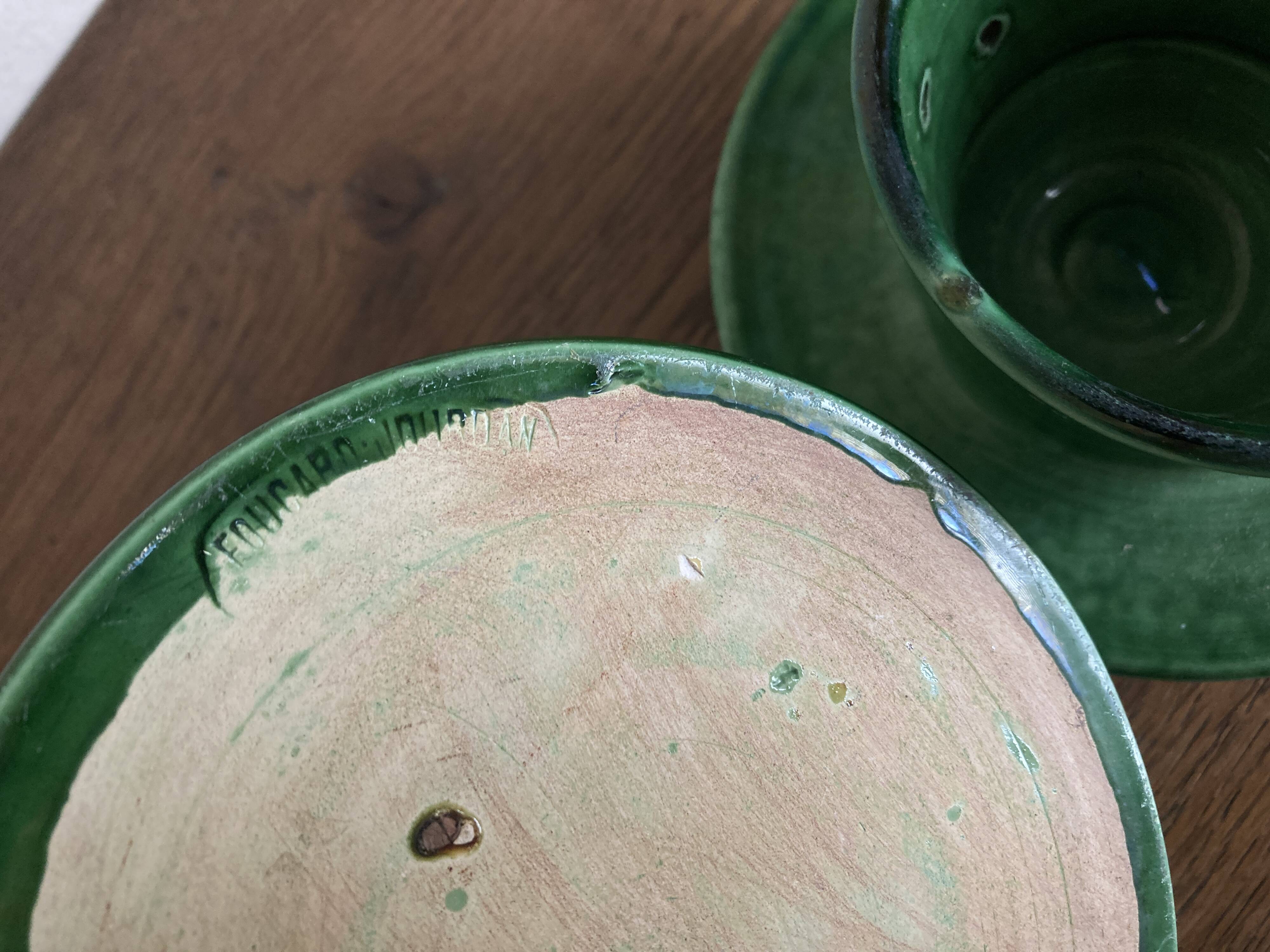 Foucart Jourdan Green glazed earthenware butter dish with water reservoir, 1960