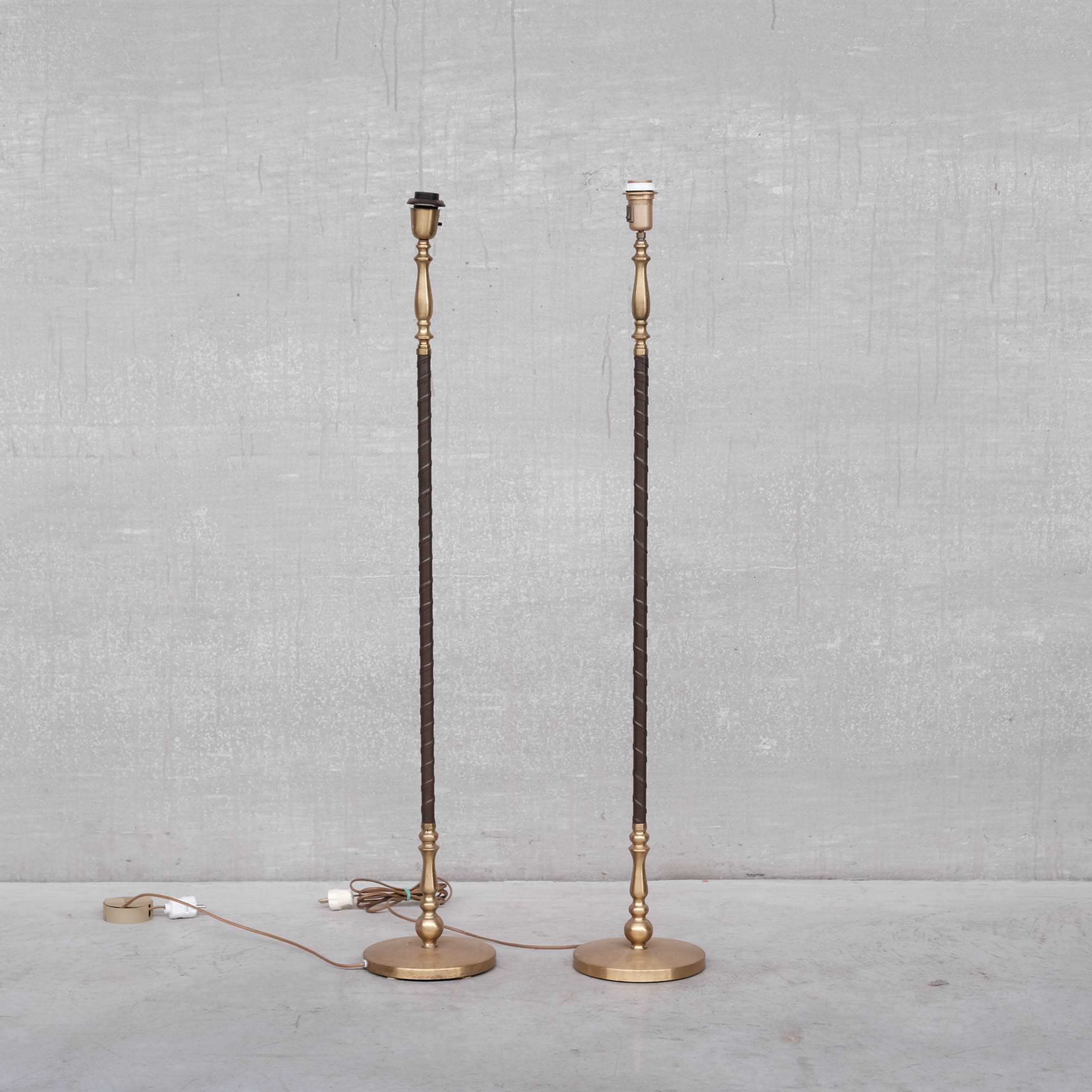 Pair of Leather and Brass Mid-Century Einar Bäckström Floor Lamps