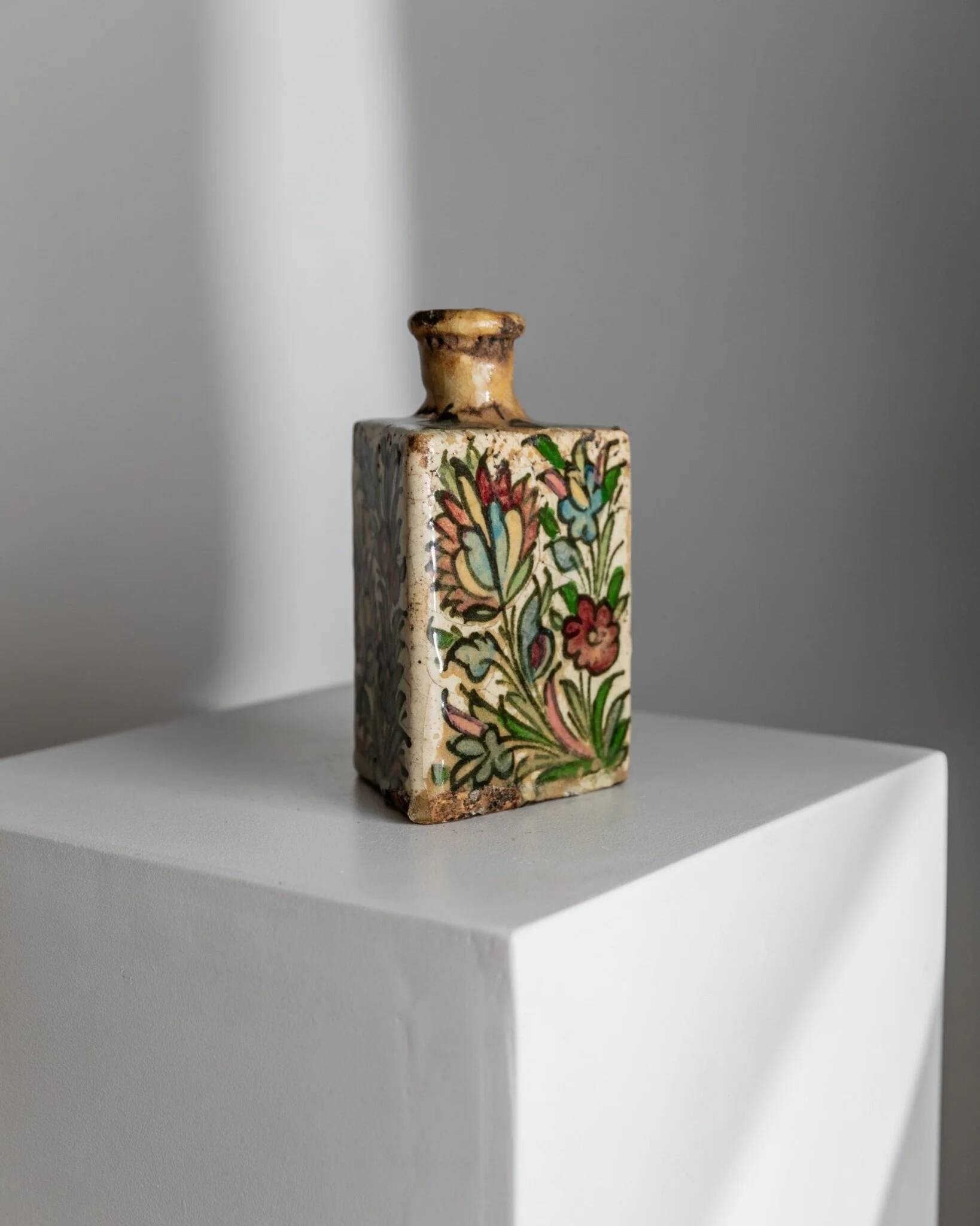 Multicolored Terracotta Bottle from Qajar Dynasty Iran, 19th Century – Hand-Painted, Unique Decorative Piece