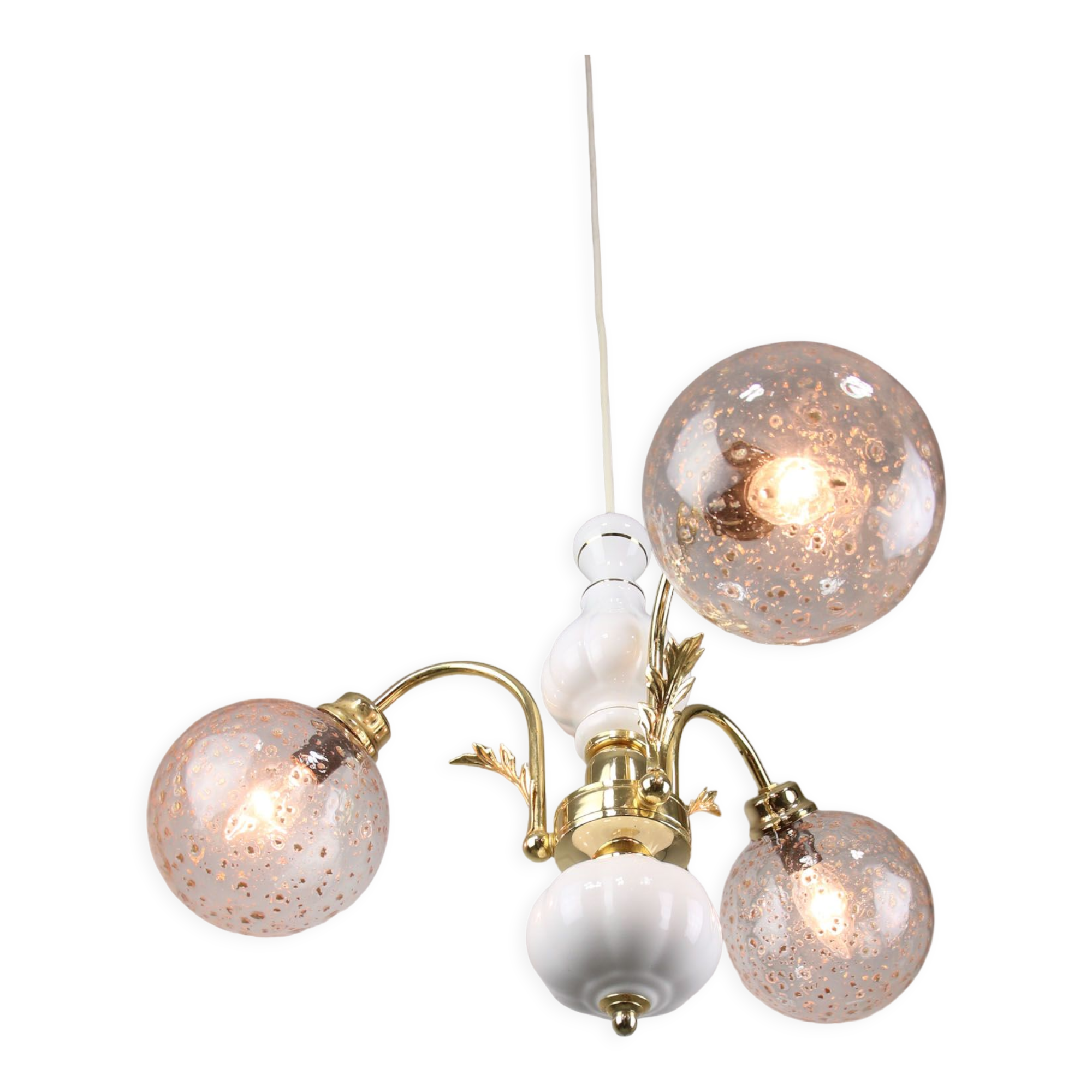 Vintage Italian Golden Ceramic & Glass Chandelier