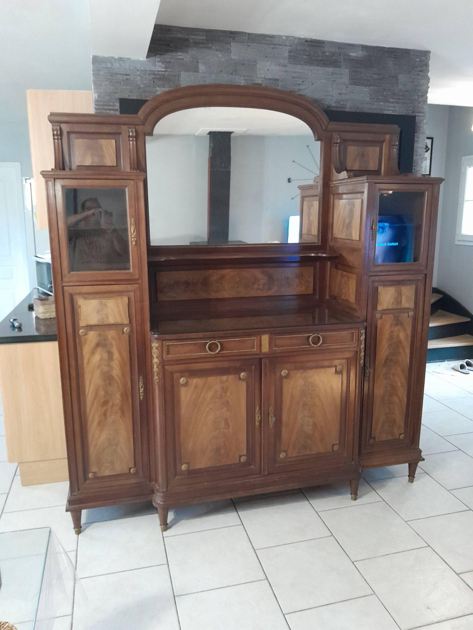 Ancien grand meuble cabinet louix xvi vitrine miroir