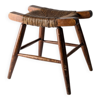 Rustic wooden and bulrush stool "Tajo", Spain, 1940s