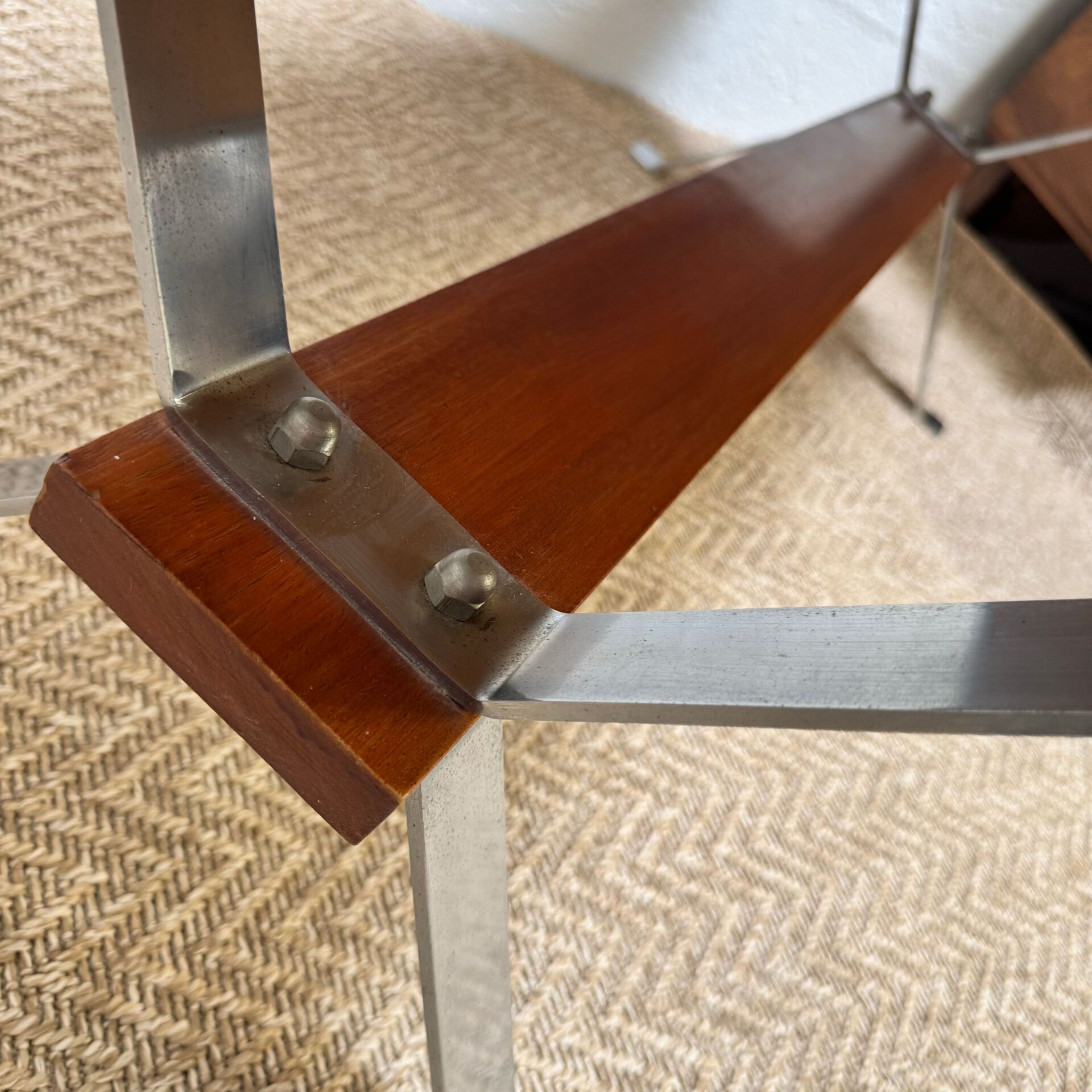 Vintage coffee table from the 60s and 70s in ceramic, chrome metal, and wood.