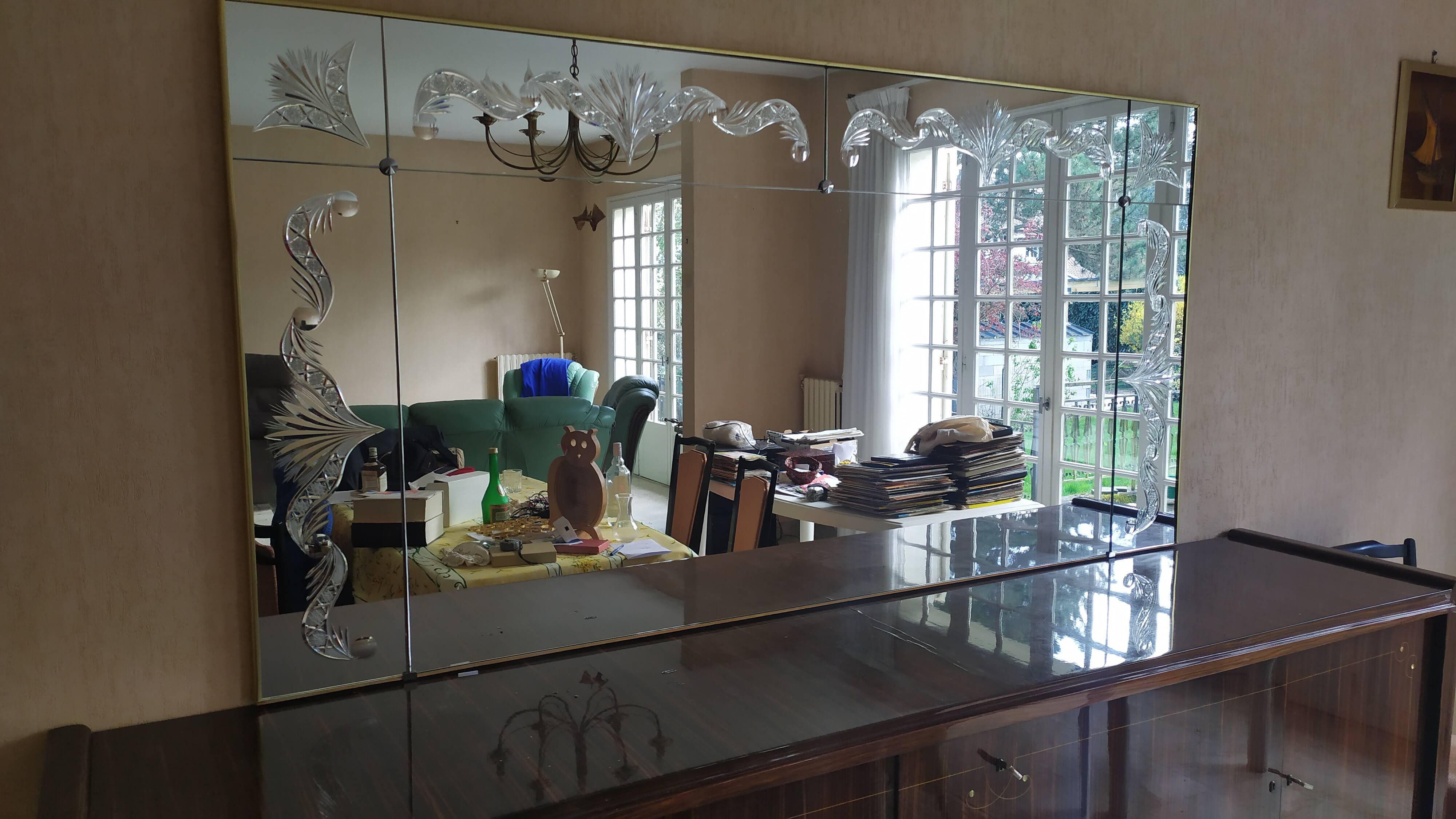 Panoramic mirror with etched parcloses in Art Deco style.