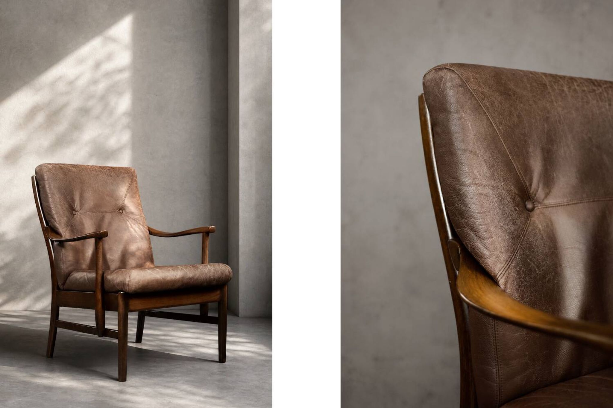 Fauteuil vintage en hêtre et cuir marron du milieu du siècle de Farstrup Møbler