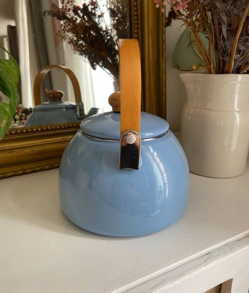 Vintage blue enamelled tin teapot with wooden handle