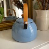 Vintage blue enamelled tin teapot with wooden handle