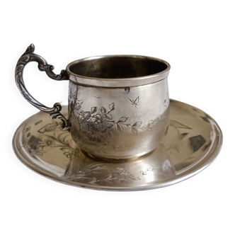 Tasse et sous-tasse en argent -  Henri Gabert  - Fleurs et oiseaux