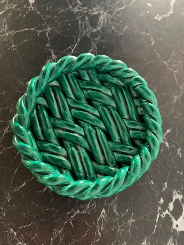 Trivet / Woven green ceramic dish - Vallauris style (Vintage 1950)