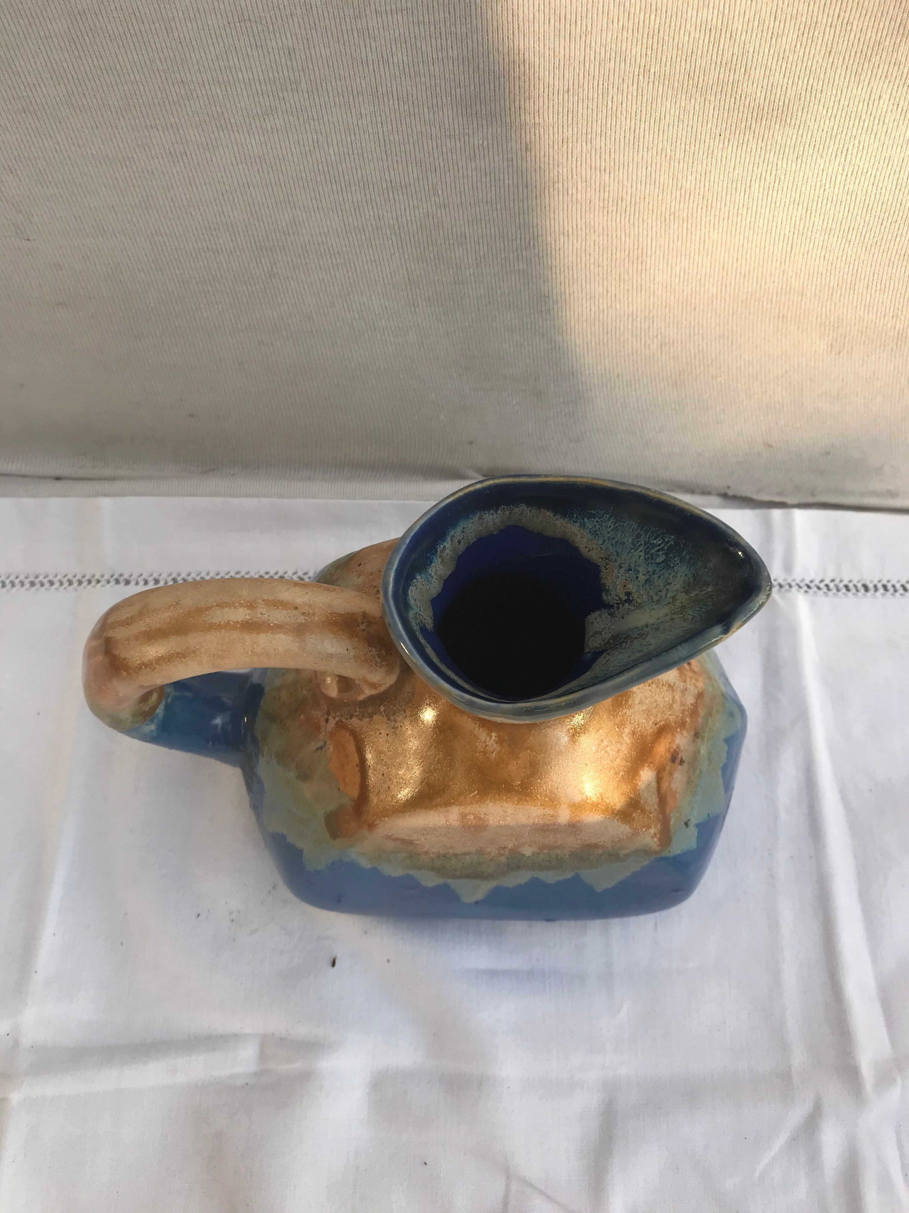 Former Art Deco Pitcher ALPHO Ceramics Enamelled Blue Beige Vintage Kitchen