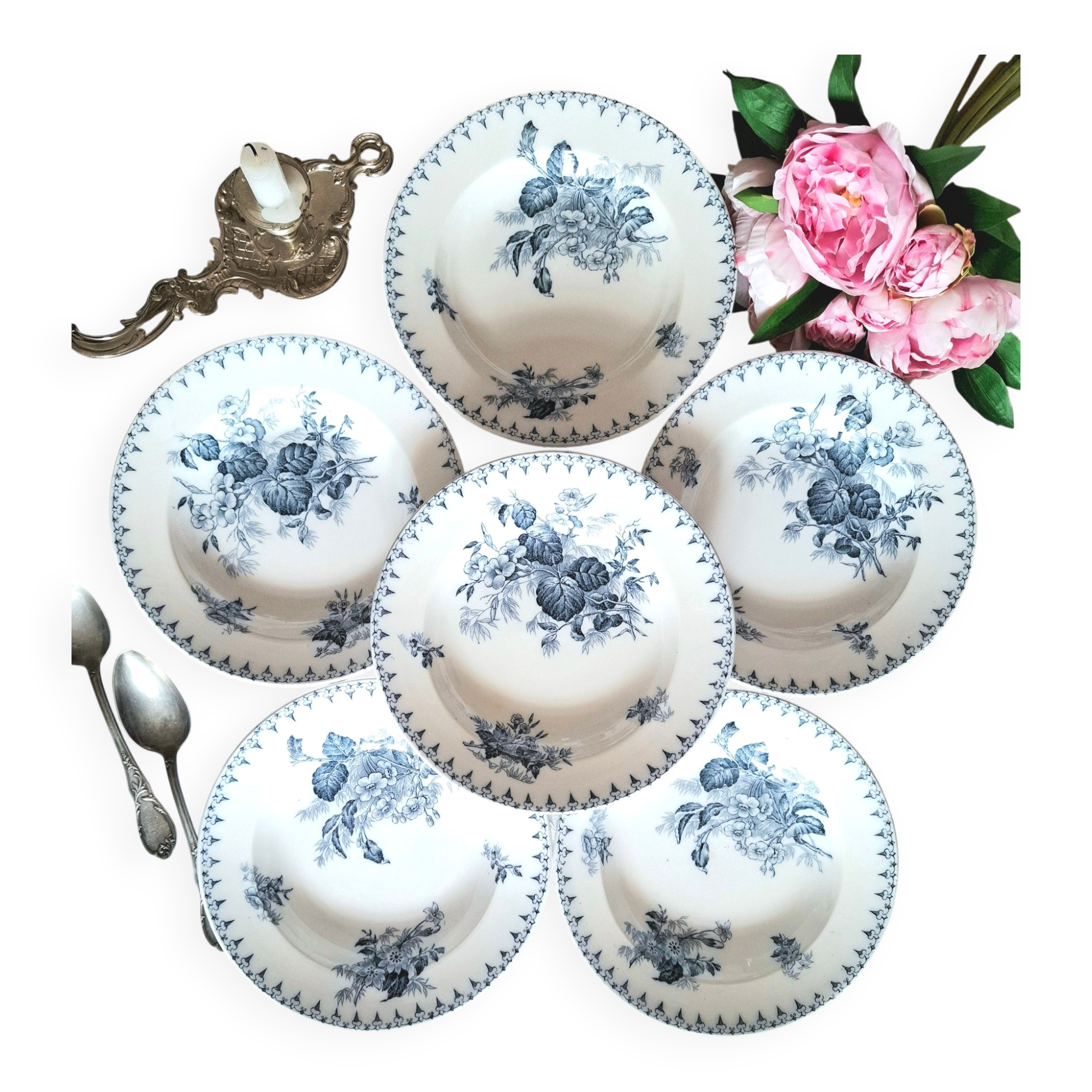 Antique deep plates in ironstone from Sarreguemines.