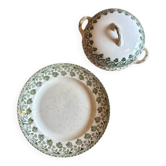 Soupière et plat vintage en terre de fer - modèle Trèfle de Badonvillier