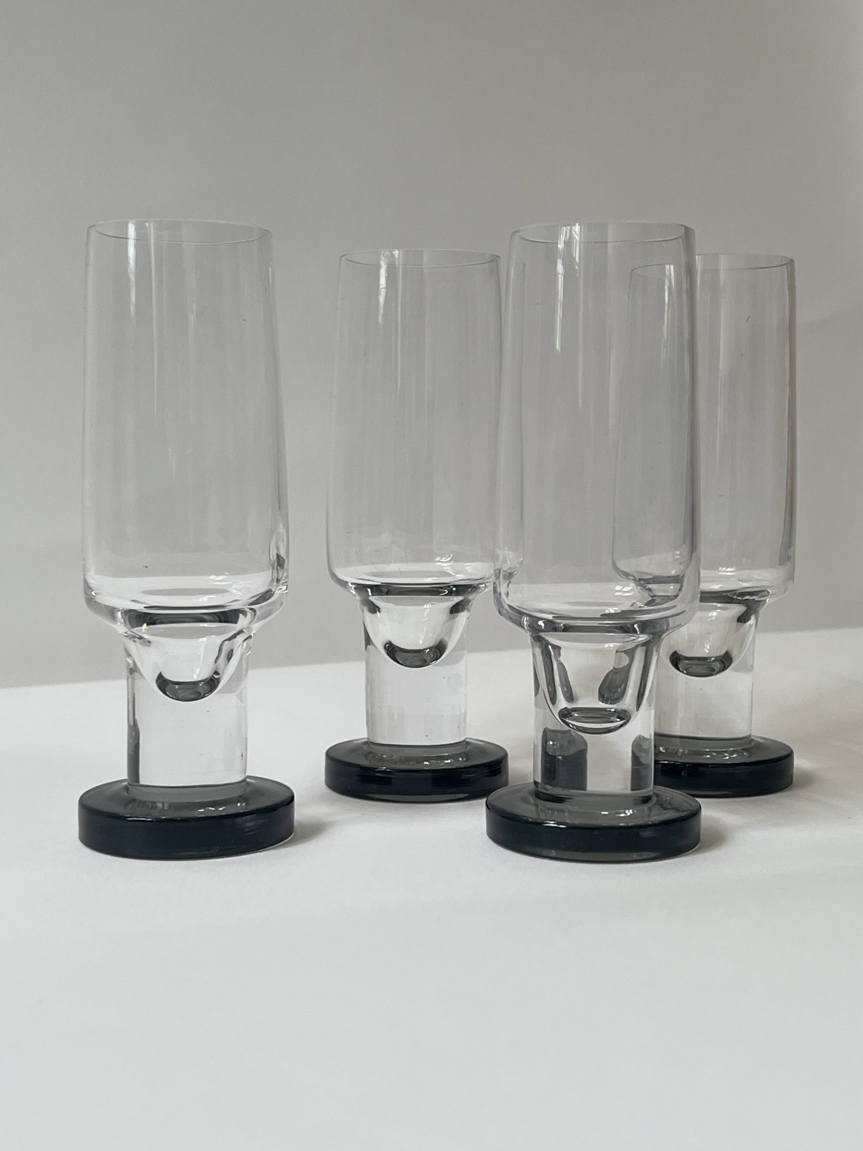 Set of 4 black crystal wine/champagne glasses, French, circa 1970.