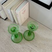 Pair of Scailmont candlesticks in green crystal - 1920/1930