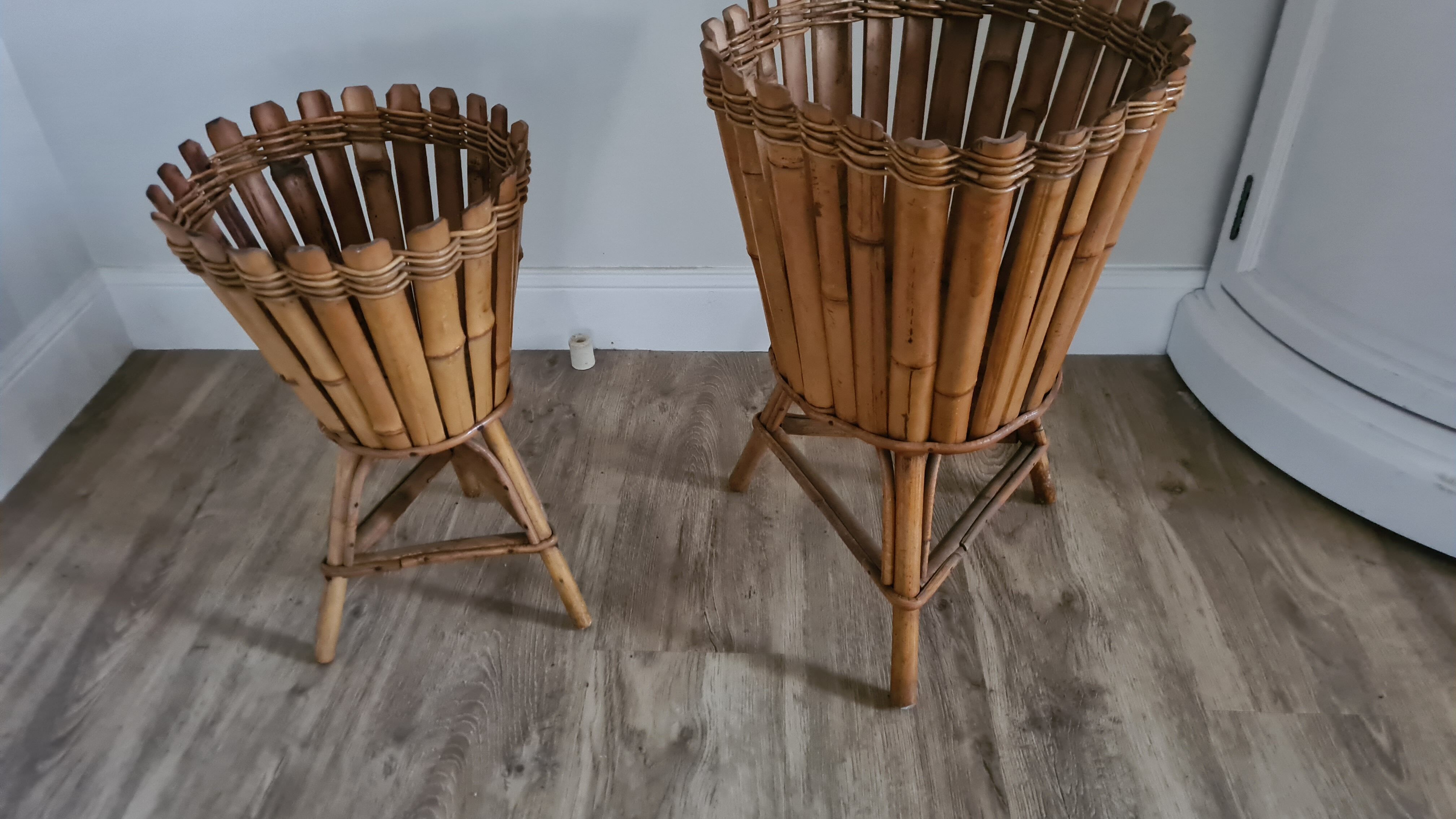 Pair of wicker and bamboo pot covers 70s