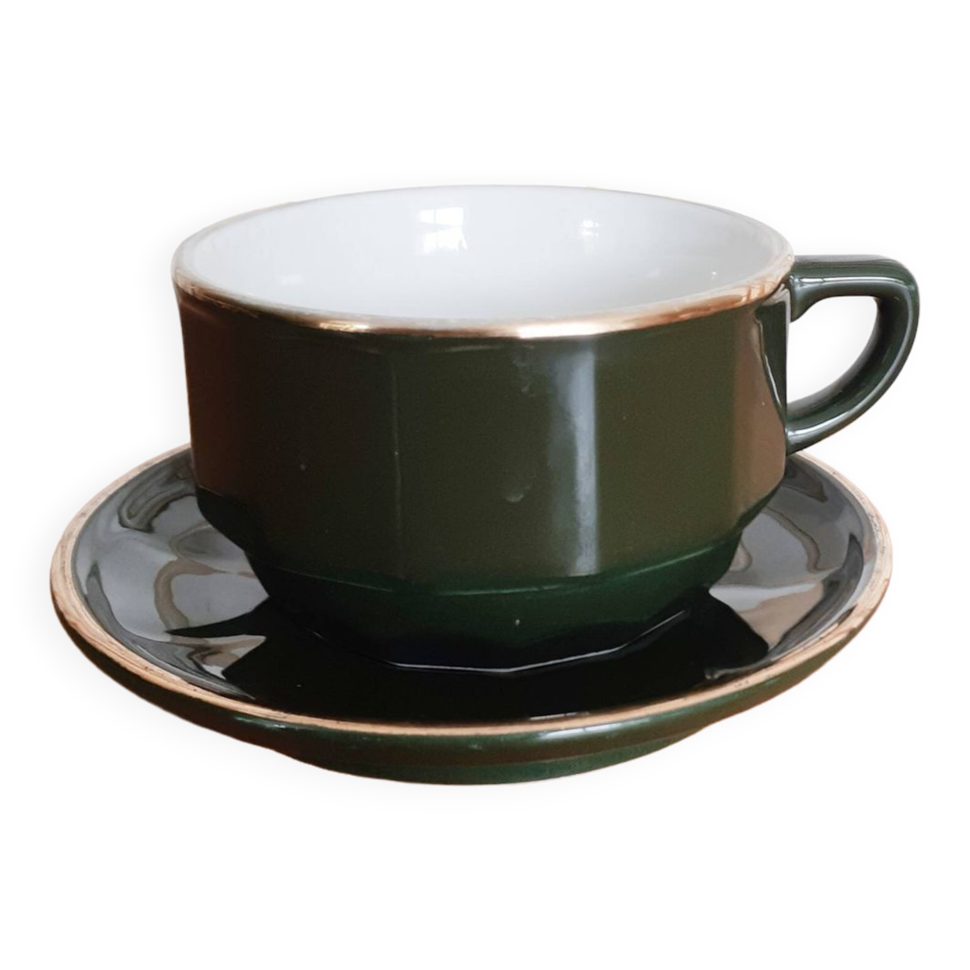 Chocolate cup or large green and gold bistro café "Apilco", porcelain