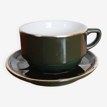 Chocolate cup or large green and gold bistro café "Apilco", porcelain