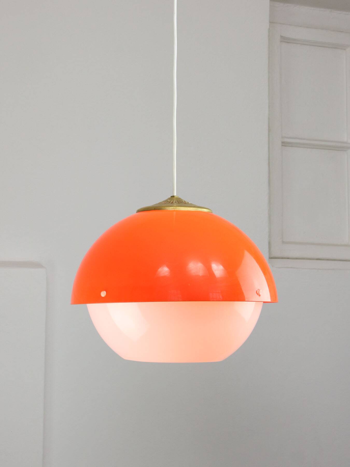 Italian Space Age Orange Plexiglass and Brass Pendant Lamp, 1970s