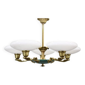 Art Deco brass and white glass chandelier by Lyfa, Denmark, 1940s