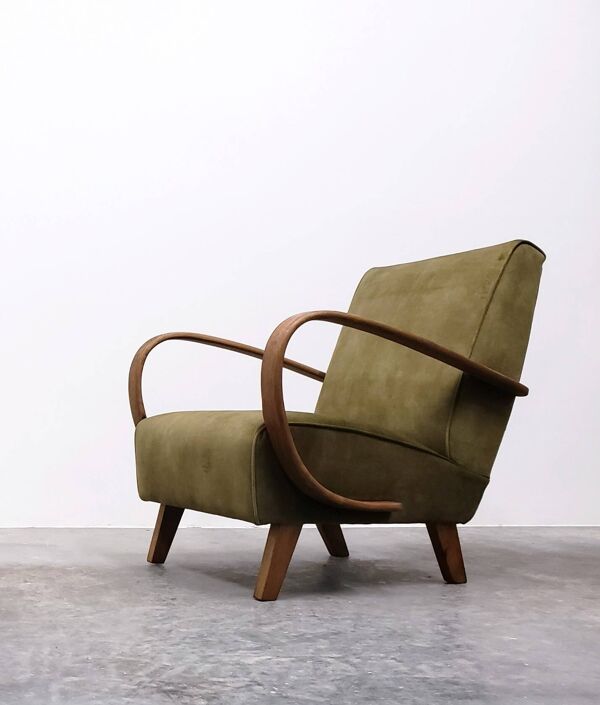 1930 Jindrich Halabala Bentwood Armchair in Forest Green Velvet