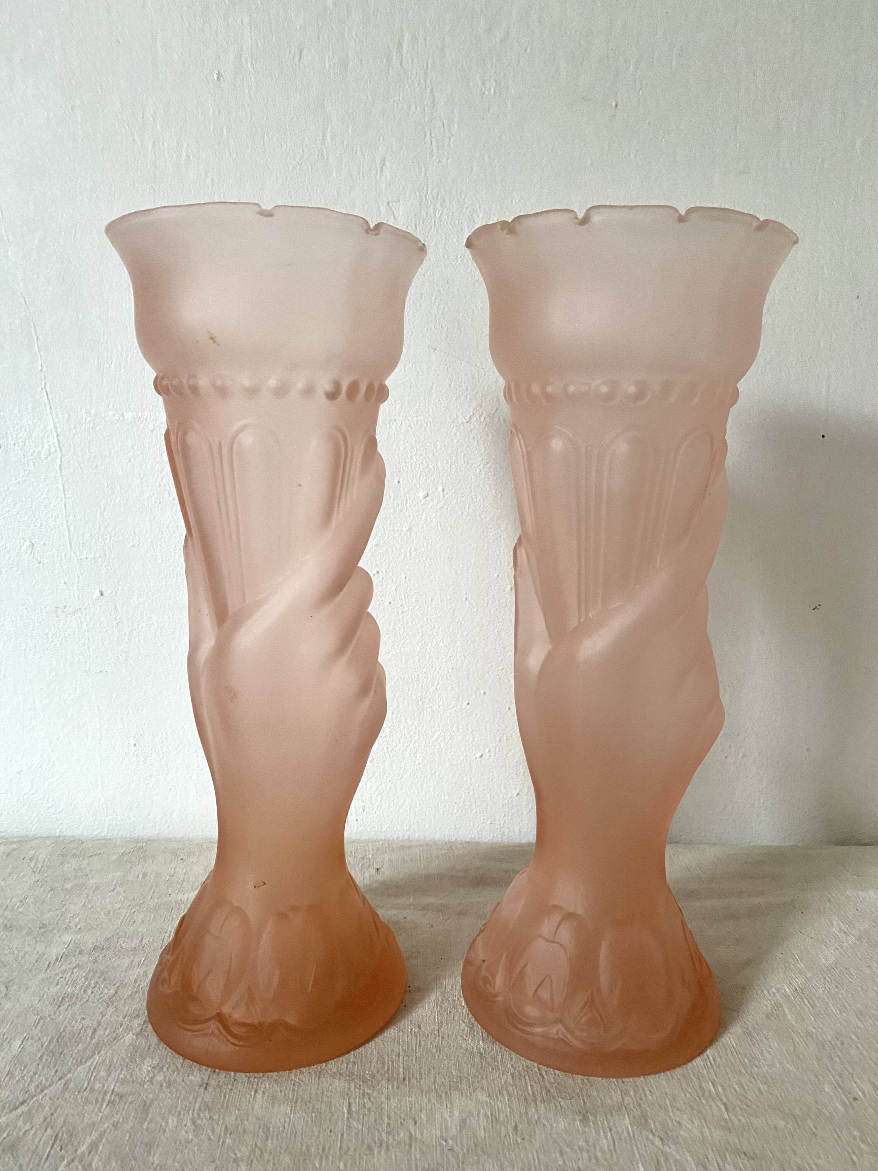 Pair of pink frosted glass torch vases, handmade, art deco
