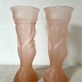 Pair of pink frosted glass torch vases, handmade, art deco