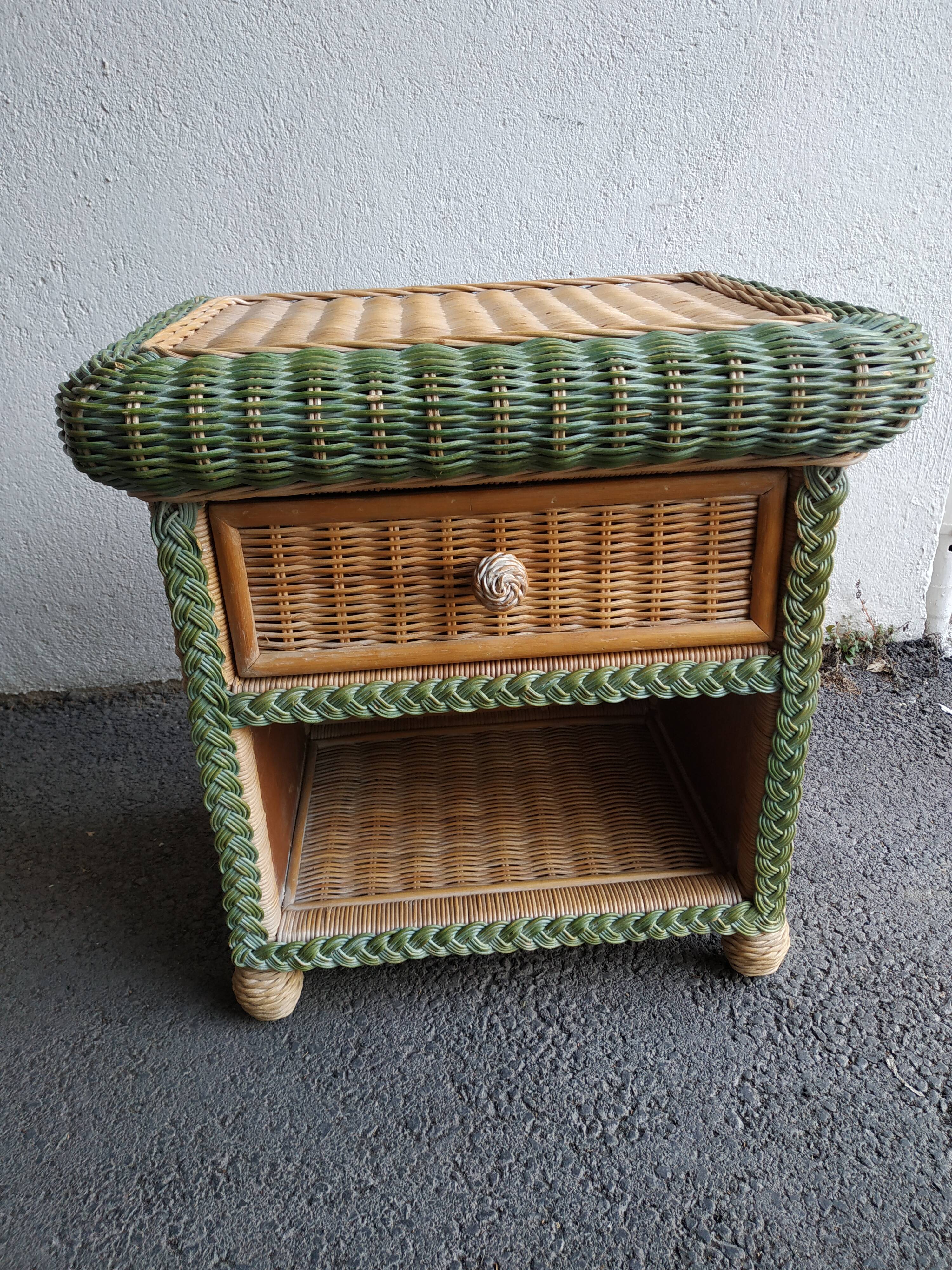 Pair of rattan and wicker bedside tables, 70s