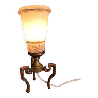 Lampe chevet métal bronze patiné tulipe verre liseré doré art déco