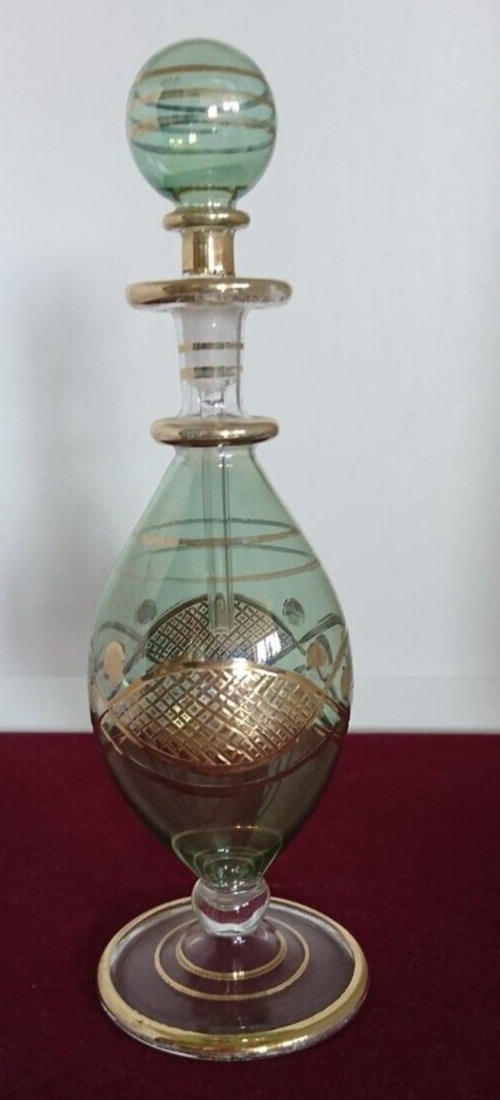 Vial / perfume bottle in tinted and cut glass golden border