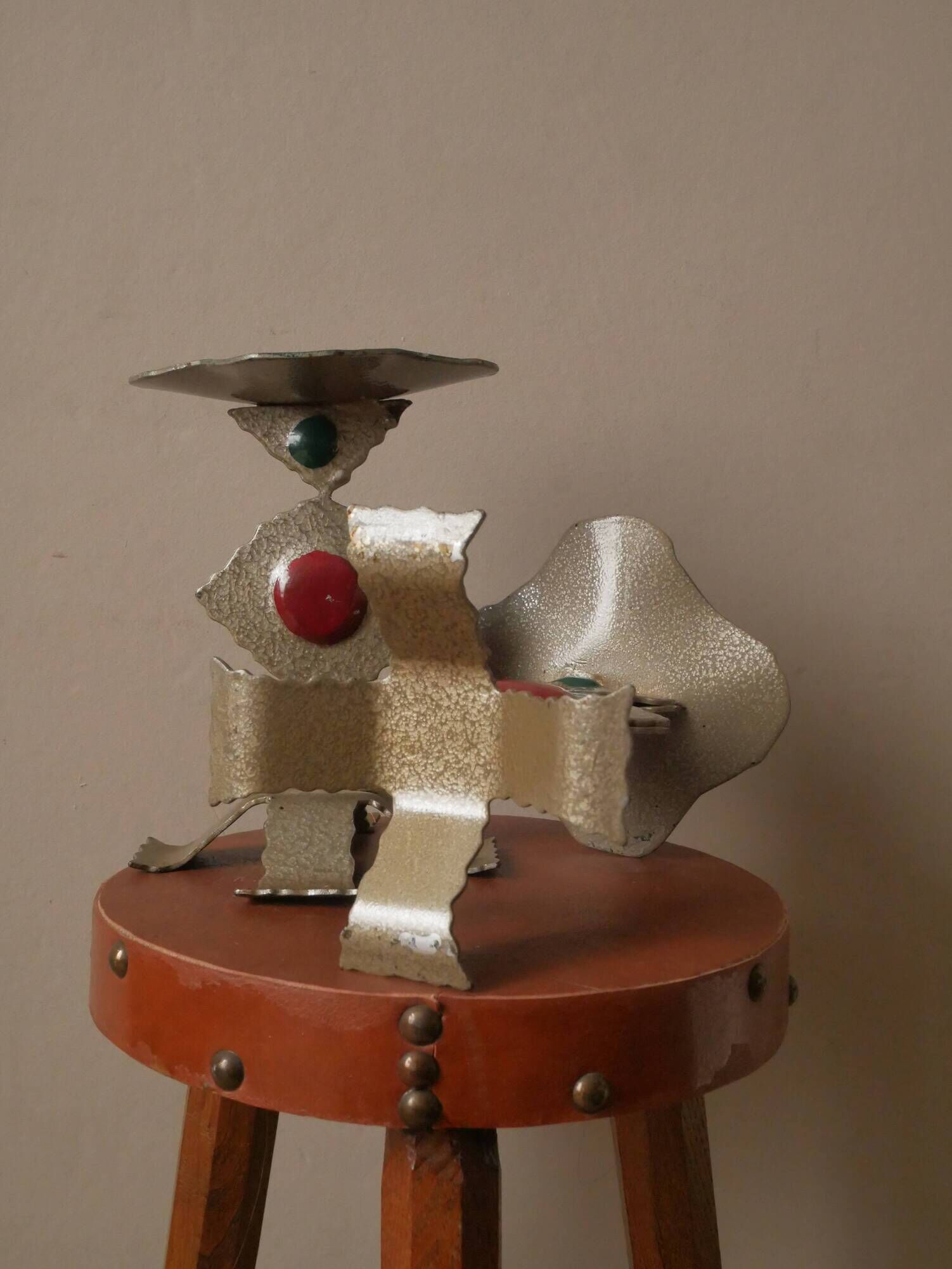 Pair of painted metal candle holders artisanal handmade wrought iron candelabra candlestick