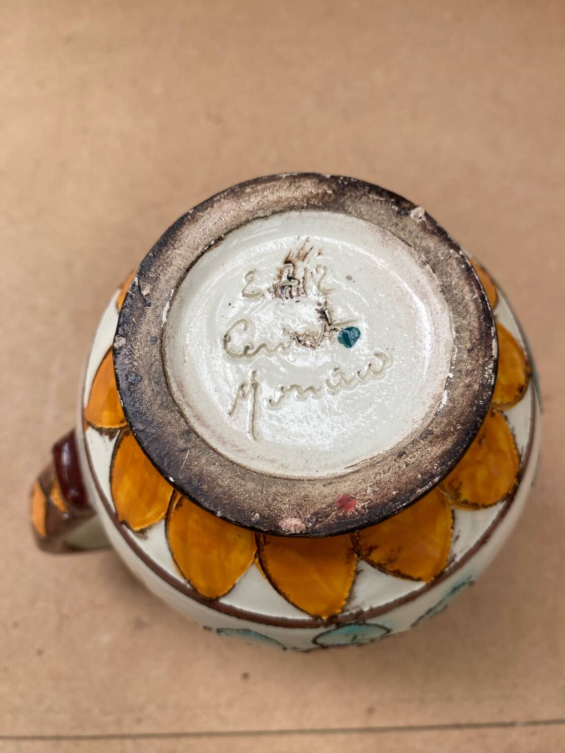 Antique cerart monaco ceramic pitcher chiseled flower decor 70's vintage