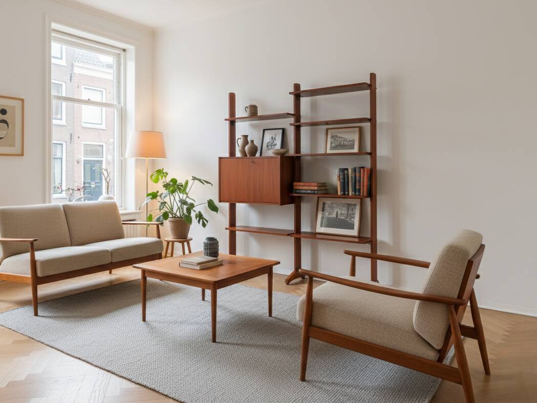1950s teak modular wall unit with drop-front bar