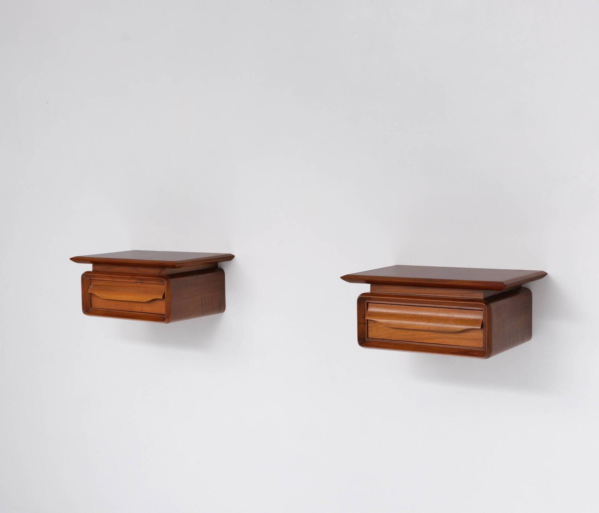 Pair of 1950s Italian Wall-Mounted Wooden Nightstands with Single Drawer