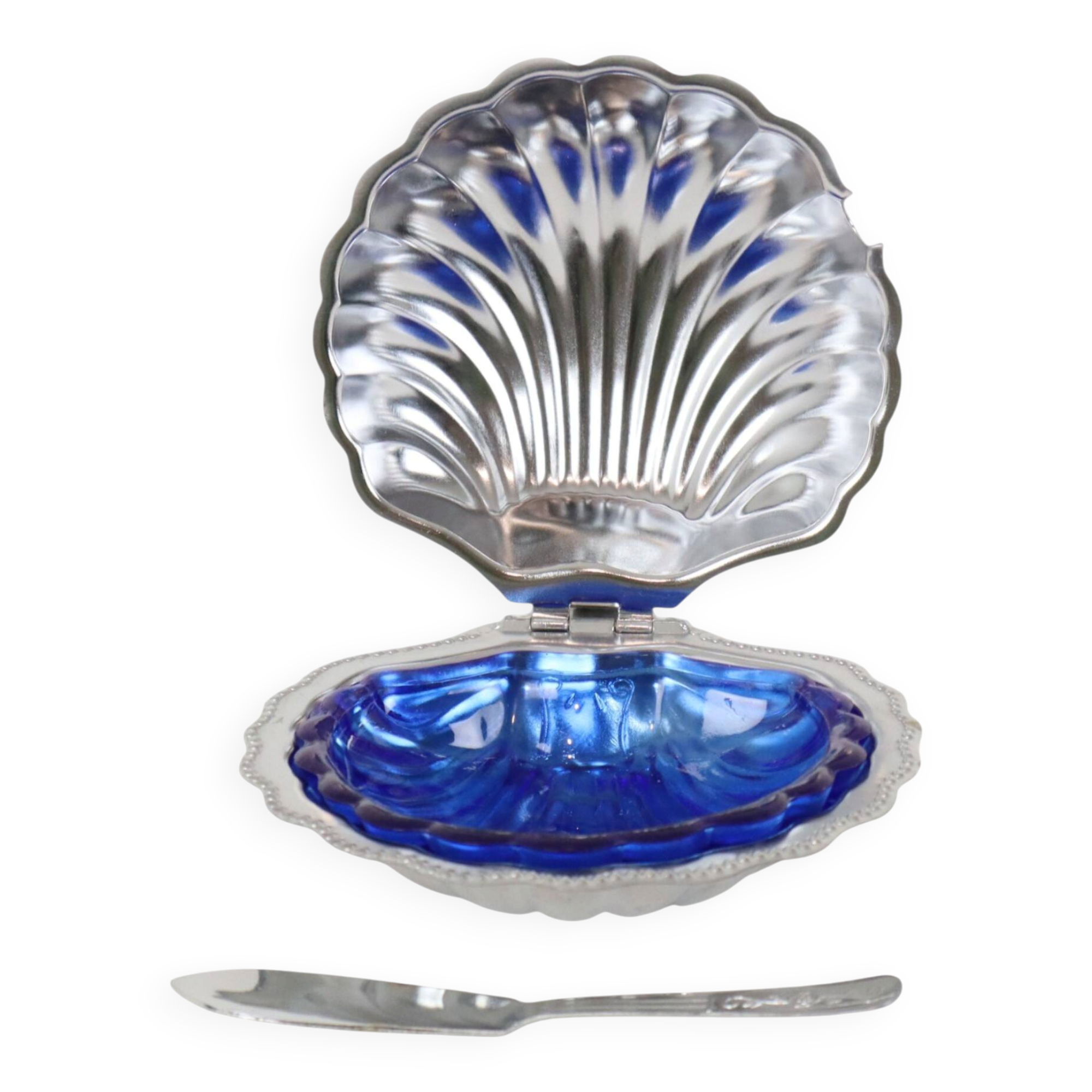 Vintage Blue Glass Queen Anne Scallop Shell Butter Dish