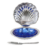 Vintage Blue Glass Queen Anne Scallop Shell Butter Dish