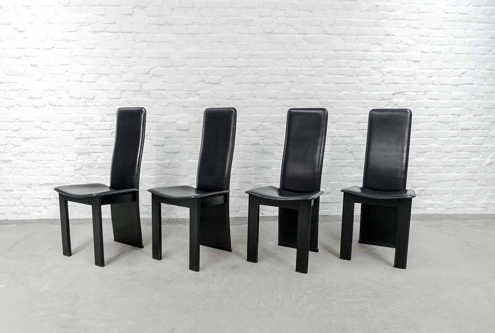 Cidue Style Black Sadle Leather High Back Italian Design Dining Chairs 70s