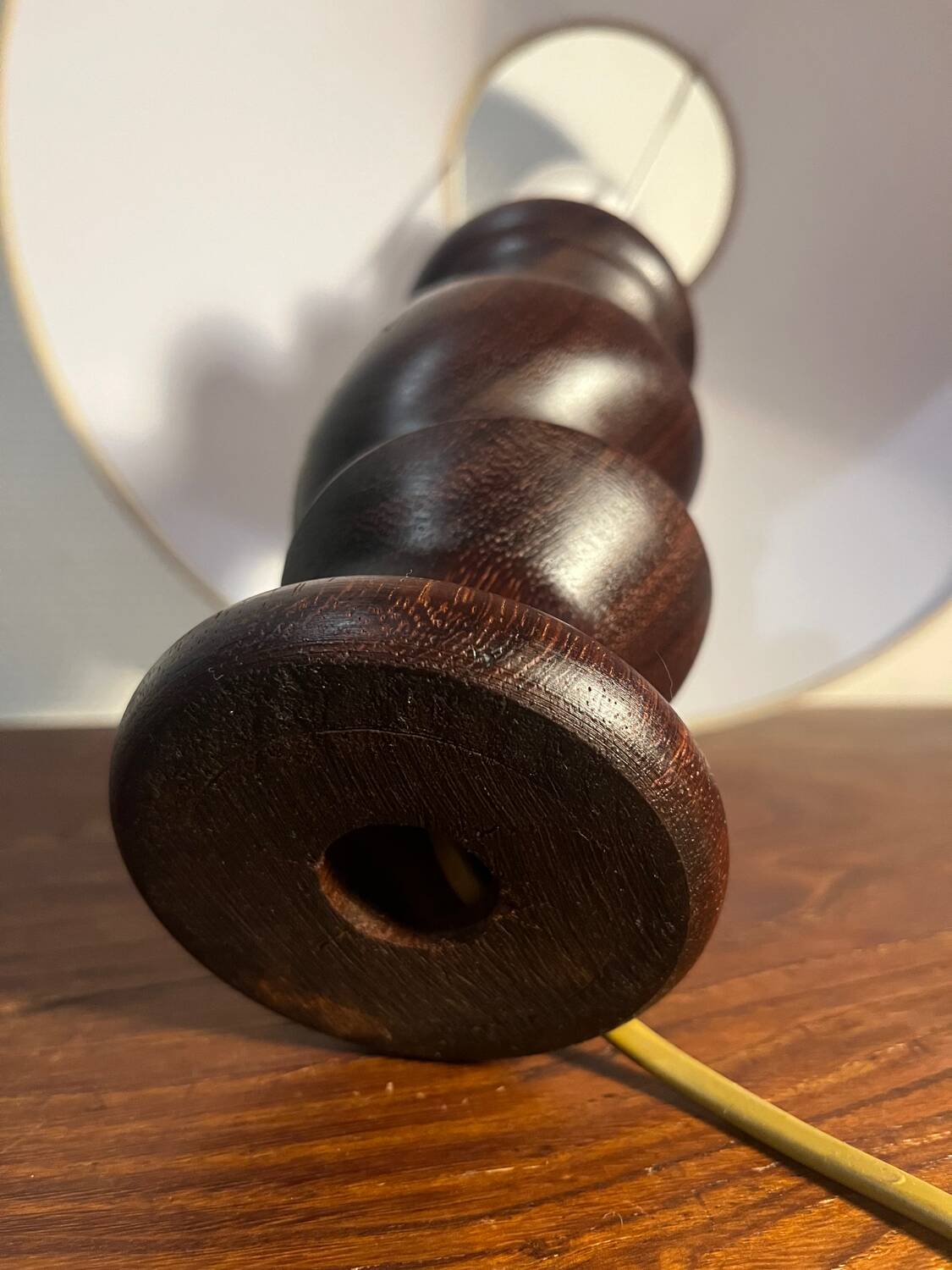 Solid turned wood foot lamp with lampshade