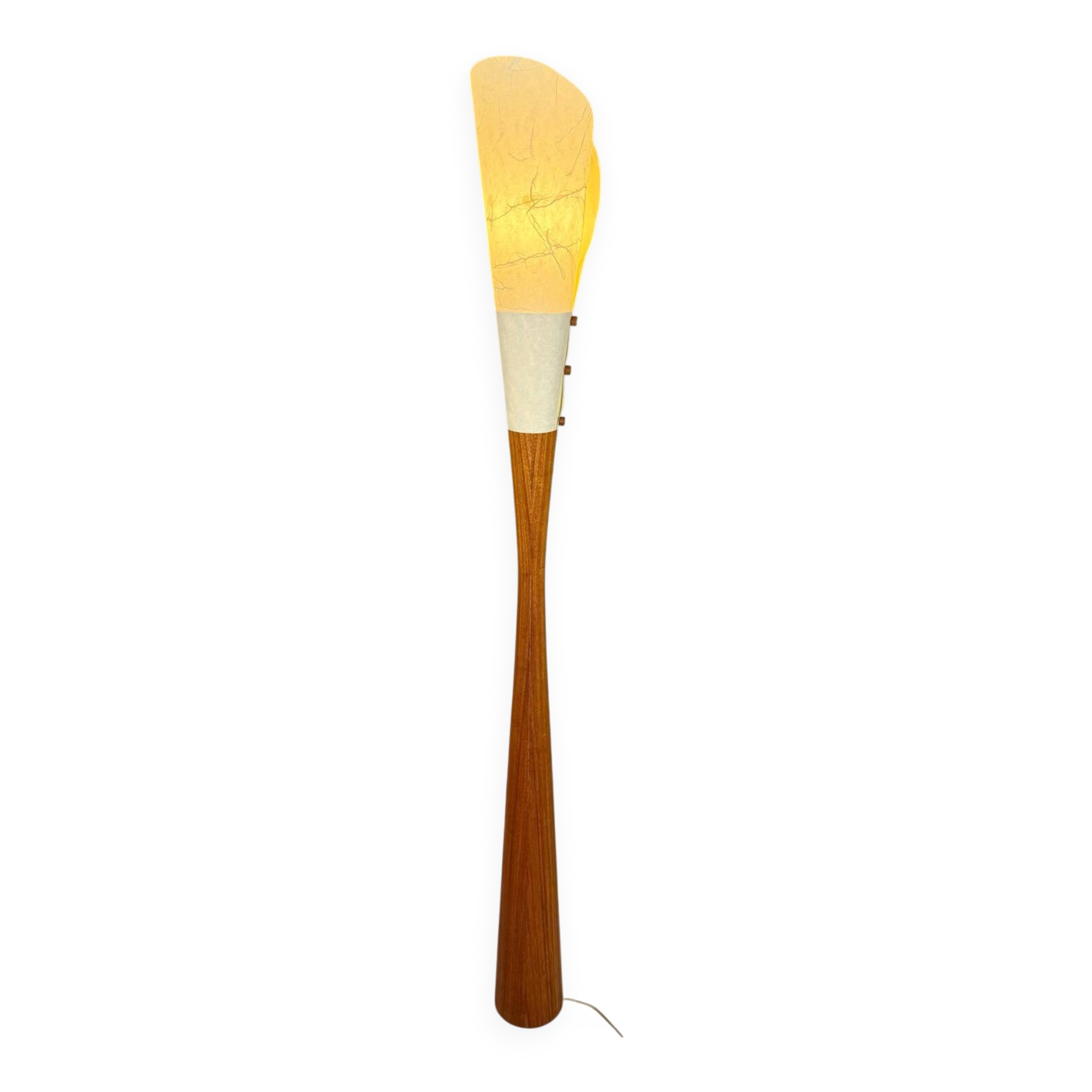 Sculptural floor lamp - exotic wood and textured shade, modern vintage style