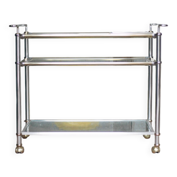 Desserte Bar roulant vintage en métal doré et verre Roche Bobois