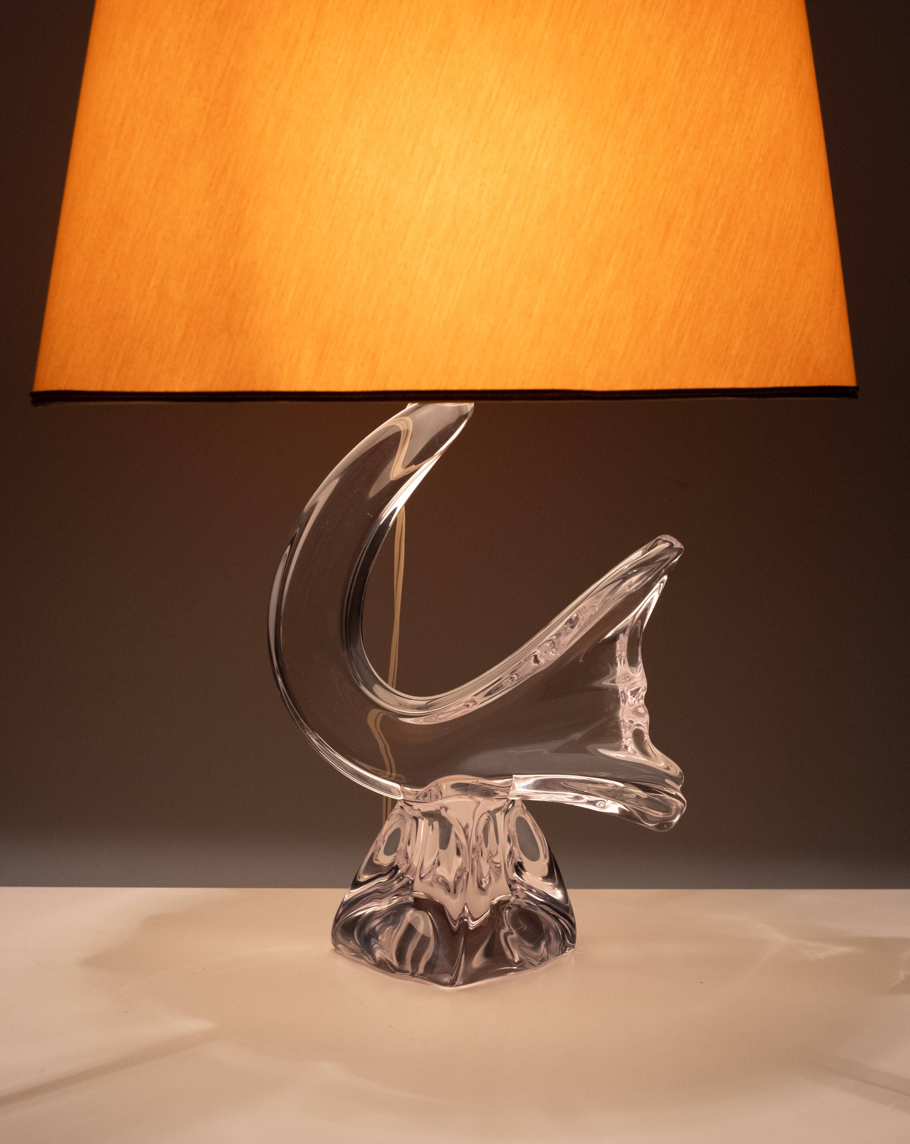 Daum Crystal Glass Bird Table Lamp, Vintage 1960s, France, Oval Shade